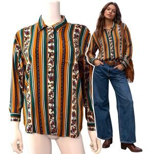 Y2K Erika Floral Stripe Blouse Rayon Boho Long Sleeve Shirt Button Front Medium